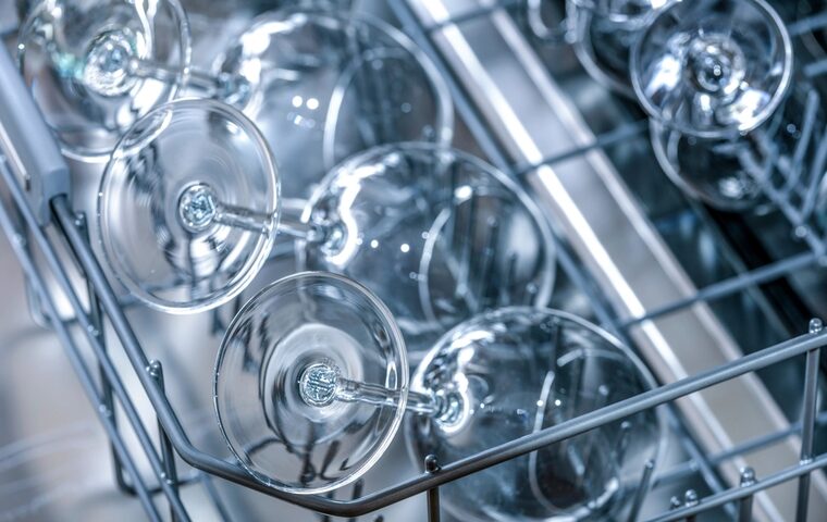 Glassware in the upper basket of a dishwasher
